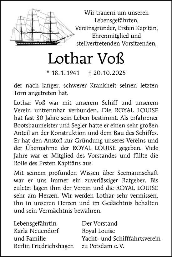 Traueranzeige von Lothar Voß von Tagesspiegel