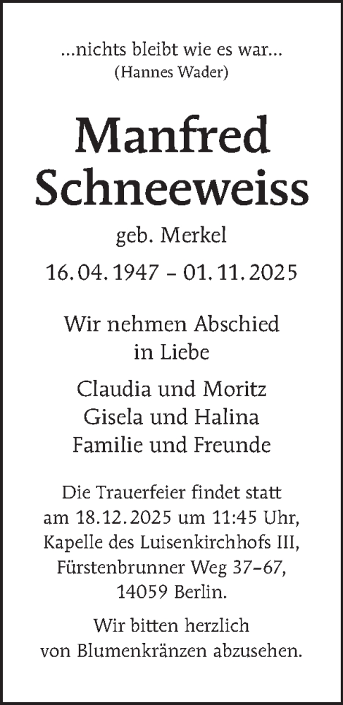 Traueranzeige von Manfred Schneeweiß von Tagesspiegel