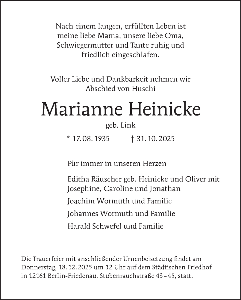  Traueranzeige für Marianne Heinicke vom 15.11.2025 aus Tagesspiegel