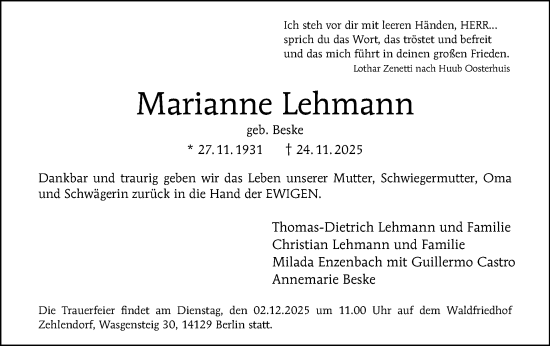Traueranzeige von Marianne Lehmann von Tagesspiegel