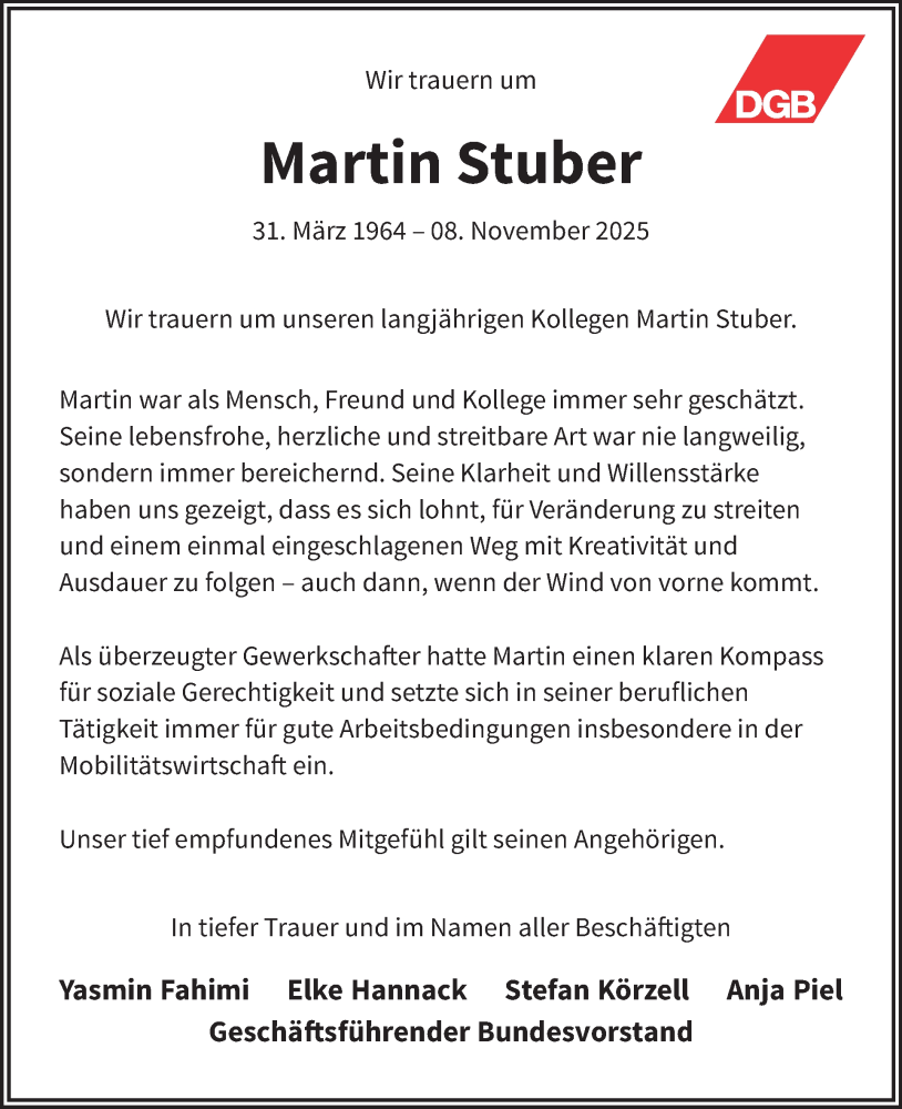  Traueranzeige für Martin Stuber vom 15.11.2025 aus Tagesspiegel