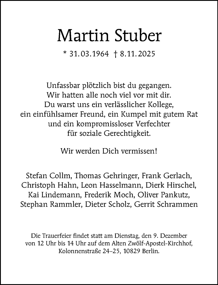  Traueranzeige für Martin Stuber vom 22.11.2025 aus Tagesspiegel