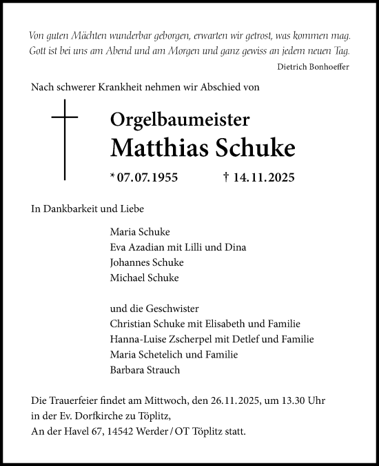 Traueranzeige von Matthias Schuke von Tagesspiegel