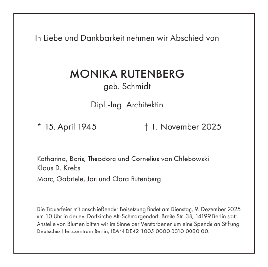 Traueranzeige von Monika Rutenberg von Tagesspiegel
