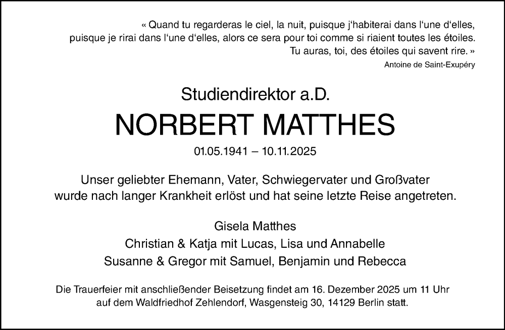  Traueranzeige für Norbert Matthes vom 29.11.2025 aus Tagesspiegel