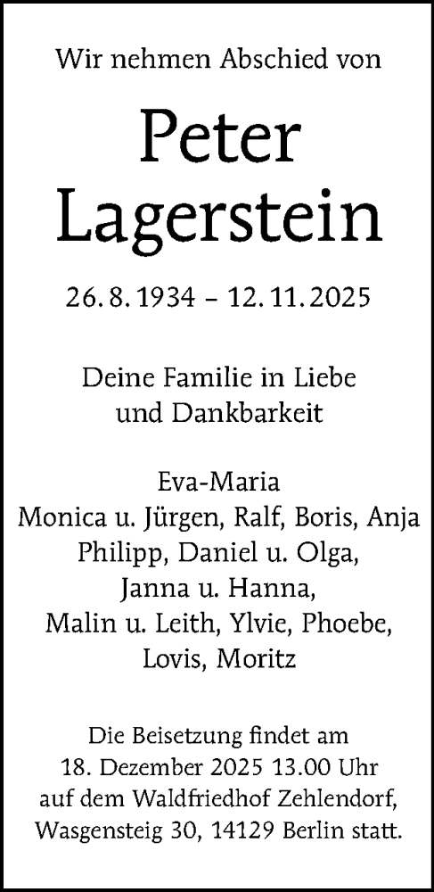 Traueranzeige von Peter Lagerstein von Tagesspiegel
