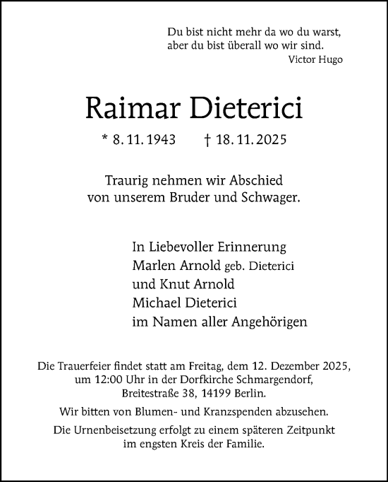 Traueranzeige von Raimar Dieterici von Tagesspiegel