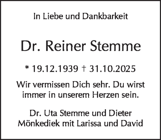 Traueranzeige von Reiner Stemme von Tagesspiegel