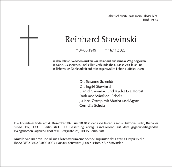 Traueranzeige von Reinhard Stawinski von Tagesspiegel
