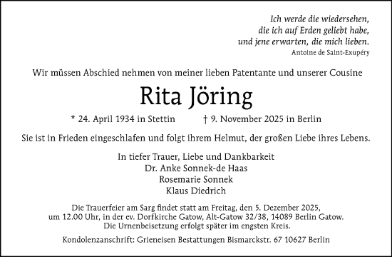 Traueranzeige von Rita Jöring von Tagesspiegel