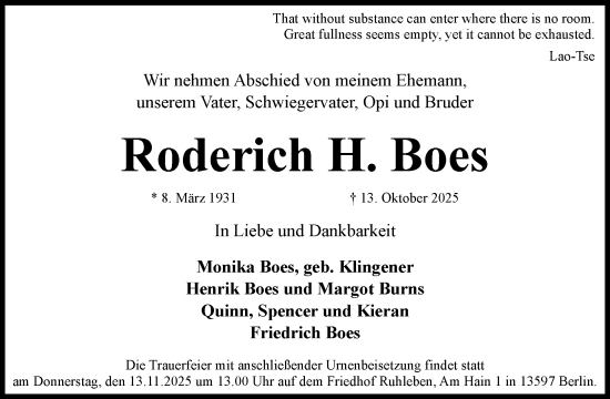 Traueranzeige von Roderich H. Boes von Tagesspiegel