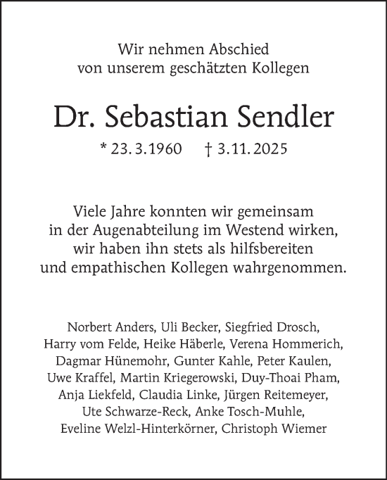Traueranzeige von Sebastian Sendler von Tagesspiegel
