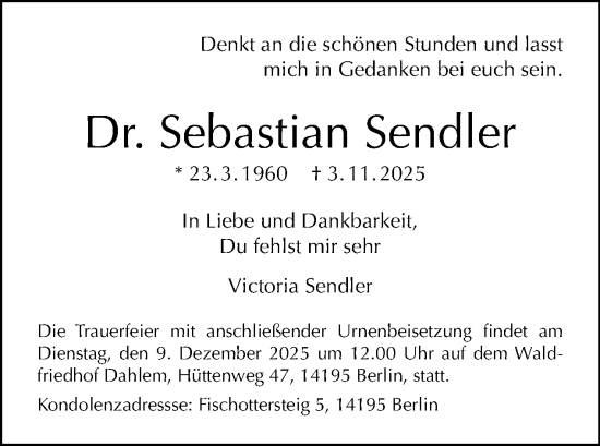 Traueranzeige von Sebastian Sendler von Tagesspiegel