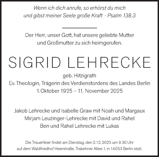 Traueranzeige von Sigrid Lehrecke von Tagesspiegel