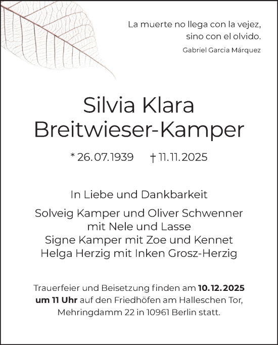 Traueranzeige von Silvia Klara Breitwieser-Kamper von Tagesspiegel