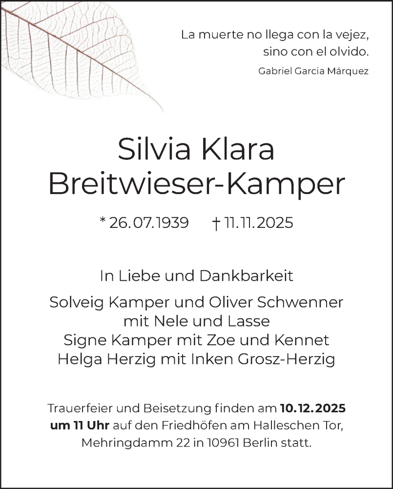  Traueranzeige für Silvia Klara Breitwieser-Kamper vom 29.11.2025 aus Tagesspiegel