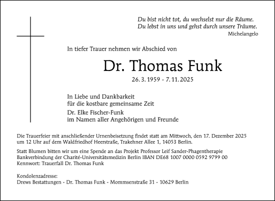 Traueranzeige von Thomas Funk von Tagesspiegel