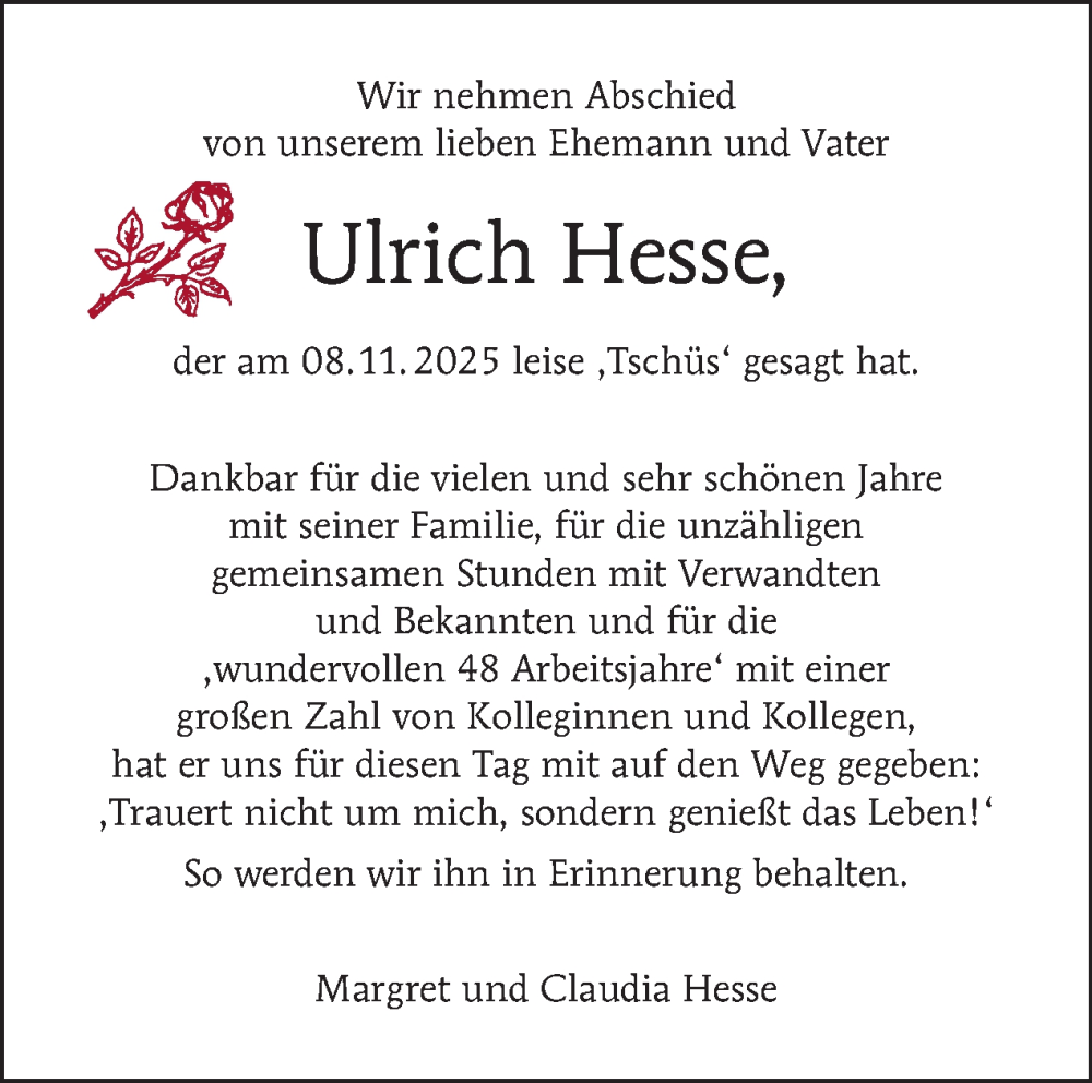  Traueranzeige für Ulrich Hesse vom 29.11.2025 aus Tagesspiegel
