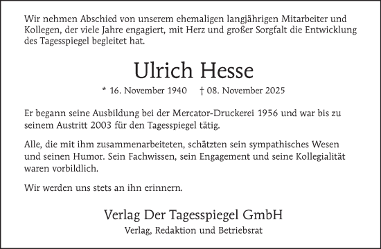 Traueranzeige von Ulrich Hesse von Tagesspiegel