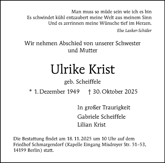 Traueranzeige von Ulrike Krist von Tagesspiegel
