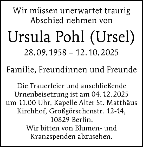 Traueranzeige von Ursula Pohl von Tagesspiegel