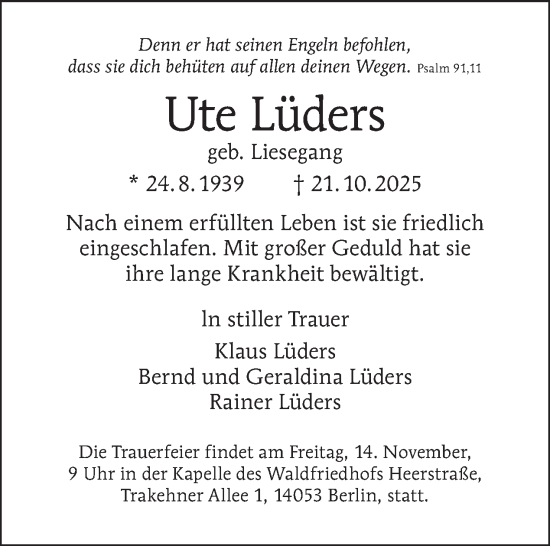 Traueranzeige von Ute Lüders von Tagesspiegel