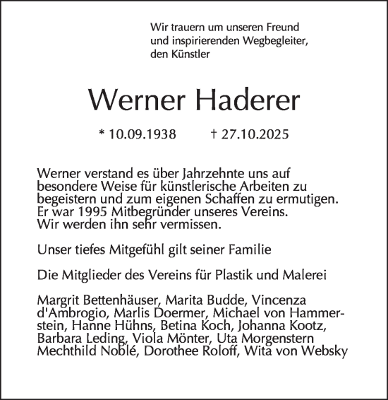 Traueranzeige von Werner Haderer von Tagesspiegel