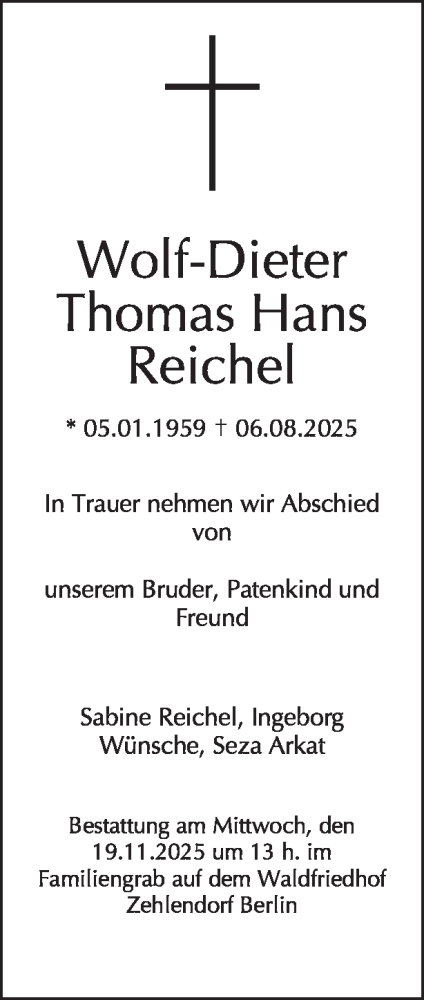 Traueranzeige von Wolf-Dieter Thomas Hans Reichel von Tagesspiegel