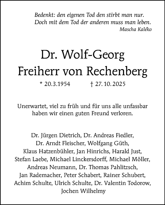 Traueranzeige von Wolf-Georg Freiherr von Rechenberg von Tagesspiegel