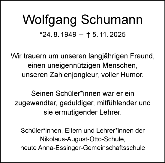 Traueranzeige von Wolfgang Schumann von Tagesspiegel