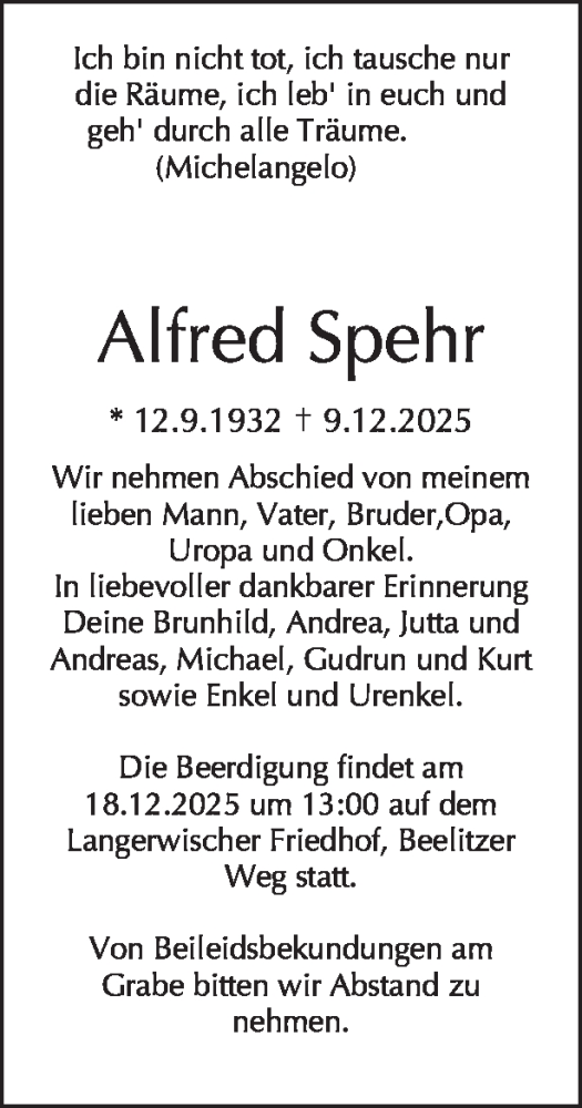 Traueranzeige von Alfred Spehr von Tagesspiegel