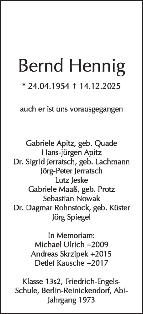 Traueranzeige von Bernd Hennig von Tagesspiegel