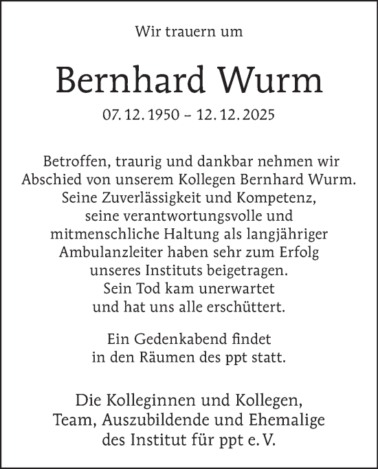 Traueranzeige von Bernhard Wurm von Tagesspiegel