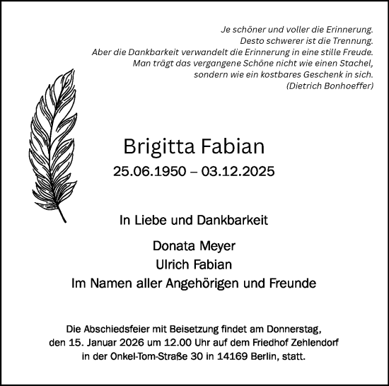 Traueranzeige von Brigitta Fabian von Tagesspiegel