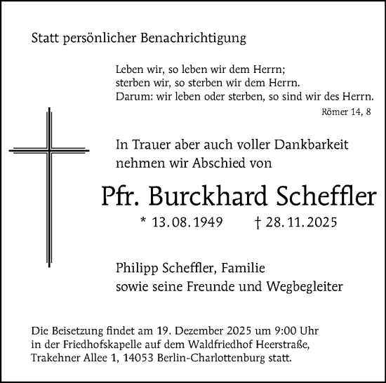 Traueranzeige von Burckhard Scheffler von Tagesspiegel