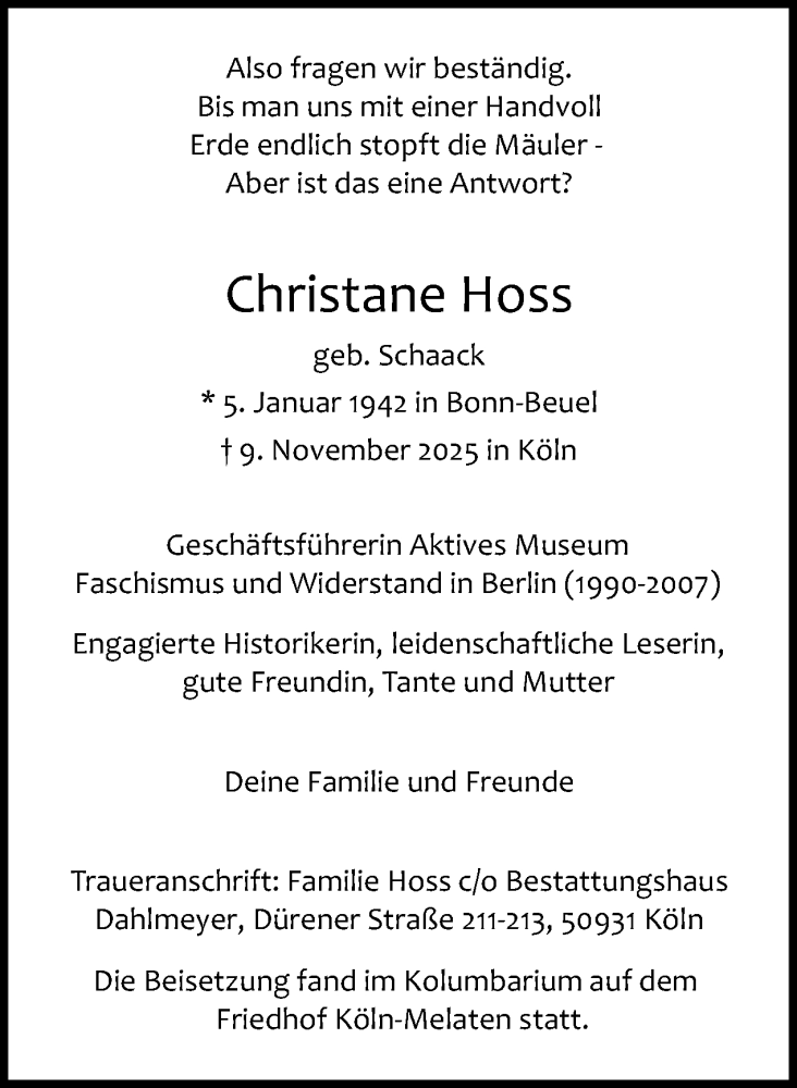  Traueranzeige für Christane Hoss vom 13.12.2025 aus Tagesspiegel
