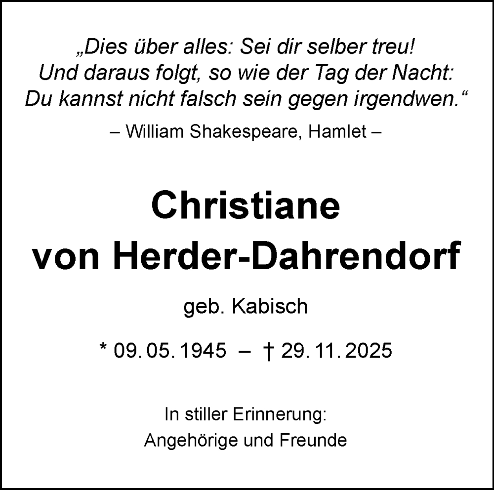  Traueranzeige für Christiane von Herder-Dahrendorf vom 06.12.2025 aus Tagesspiegel