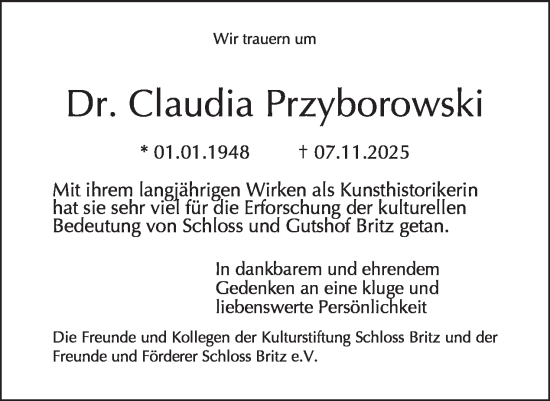 Traueranzeige von Claudia Przyborowski von Tagesspiegel