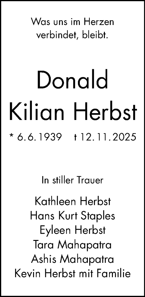 Traueranzeige von Donald Kilian Herbst von Tagesspiegel