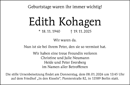 Traueranzeige von Edith Kohagen von Tagesspiegel