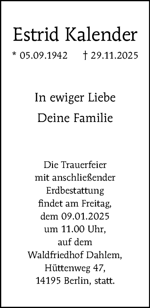 Traueranzeige für Estrid Kalender vom 20.12.2025 aus Tagesspiegel