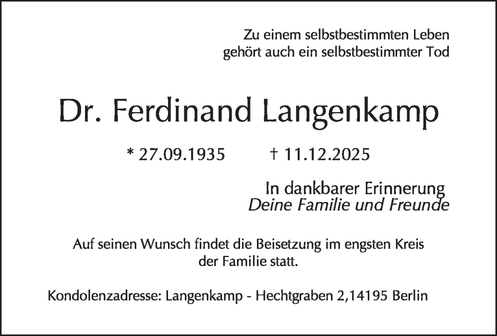  Traueranzeige für Ferdinand Langenkamp vom 20.12.2025 aus Tagesspiegel