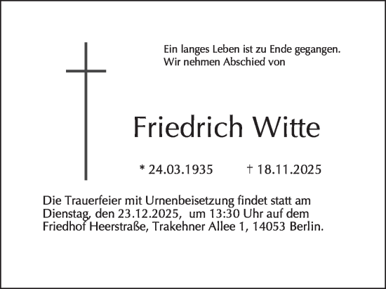Traueranzeige von Friedrich Witte von Tagesspiegel