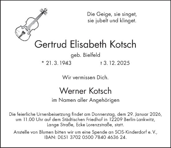 Traueranzeige von Gertrud Elisabeth Kotsch von Tagesspiegel
