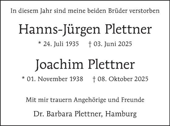 Traueranzeige von Hanns-Jürgen und Joachim Plettner von Tagesspiegel