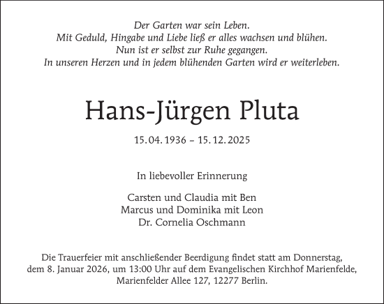 Traueranzeige von Hans-Jürgen Pluta von Tagesspiegel