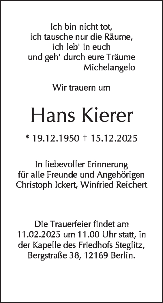 Traueranzeige von Hans Kierer von Tagesspiegel