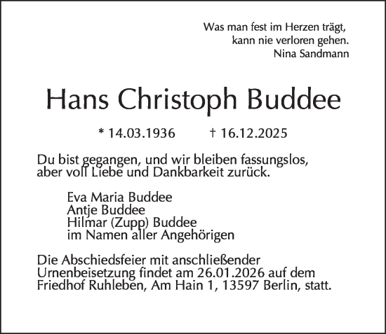 Traueranzeige von Hans Christoph Buddee von Tagesspiegel