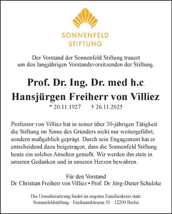 Traueranzeige von Hansjürgen Freiherr von Villiez von Tagesspiegel