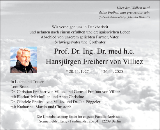 Traueranzeige von Hansjürgen Freiherr von Villiez von Tagesspiegel